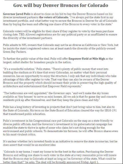 Colorado to follow Green Bay's lead